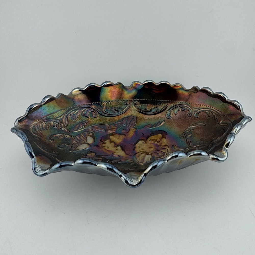 Fenton Carnival Glass Oval Bowl Blue Iridescent Excellent Floral Ruffled Edge